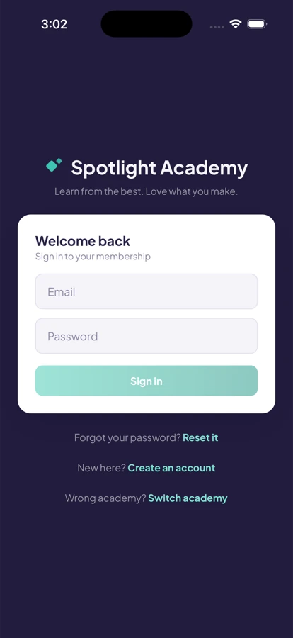 Spotlight Academy on mobile: Sign in