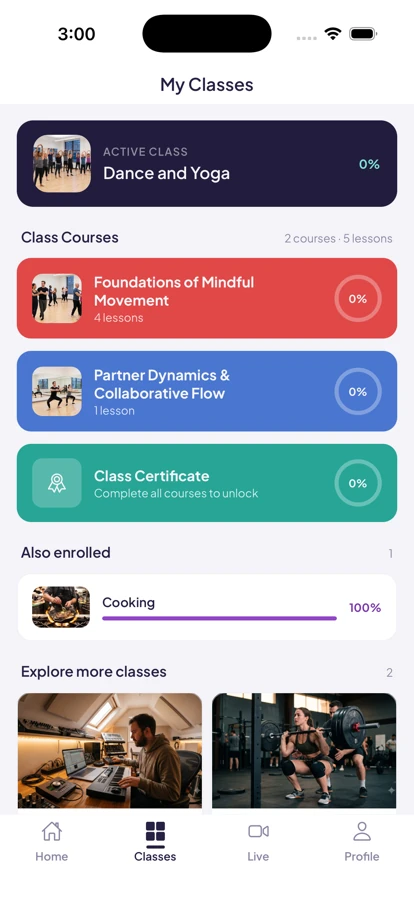 Spotlight Academy on mobile: Classes