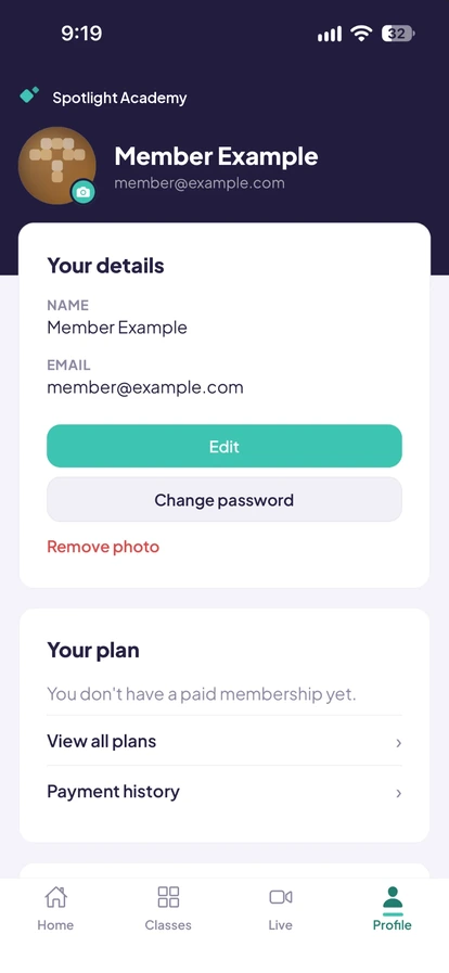 Spotlight Academy on mobile: Profile